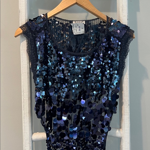 Free people Melrose sequin n lace nwt holiday backless midnight blue bodysuit M - Picture 3 of 14